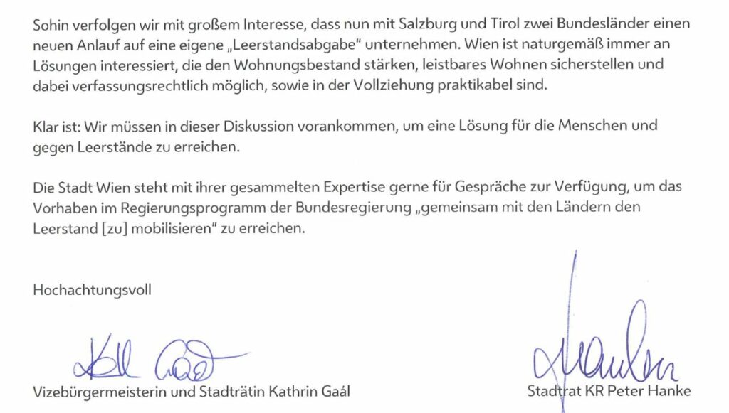 Ein Ausschnitt aus dem Brief zur Leerstandsabgabe an die österreichische Bundesregierung