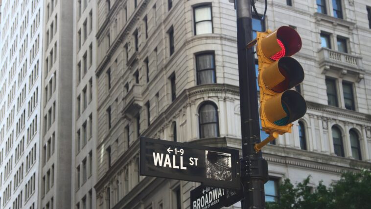Ein Schild der Wallstreet in NewYork, daneben eine Ampel