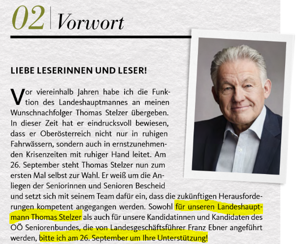 Seniorenbund-Obmann Josef Pühringer ruft in der September-Ausgabe von "WIRaktiv" zur Wahl der ÖVP auf.