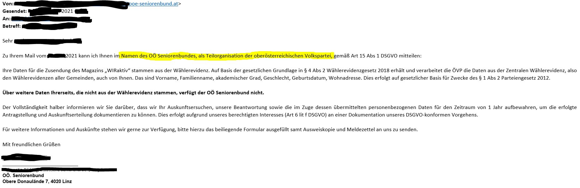 Aus dem Mailverlauf geht hervor: Die ÖVP OÖ leitete persönliche Adressen von Wählerinnen und Wählern an den Seniorenbund weiter, der eine Corona-Förderung kassierte.