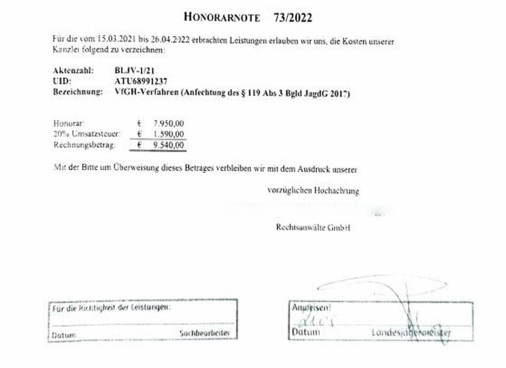 Die der SPÖ zugespielte Rechnung. Obwohl ÖVP & FPÖ den Anwalt beauftragten, ging sie an den Jagdverband Burgenland.