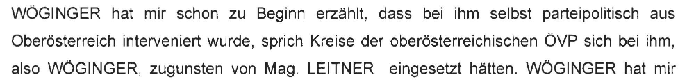 Auszug aus dem Einvernahme-Protokoll von Thomas Schmid, in dem er über August Wöginger spricht.