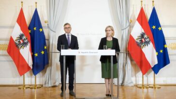 Leonore Gewessler (Grüne) und Magnus Brunner (ÖVP) sind stolz auf die CO2-Steuer. Den Österreicher:innen bringt sie 1% mehr Inflation Bild: BKA/Christopher Dunker