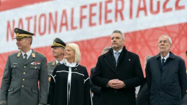 Neutralität Am 26. Oktober 2022 hielt Bundeskanzler Karl Nehammer (m.r.) im Rahmen der Angelobung der Rekrutinnen und Rekruten des österreichischen Bundesheeres auf dem Wiener Heldenplatz eine Rede zum Österreichischen Nationalfeiertag. Im Bild mit Bundespräsidenten Alexander Van der Bellen (r.) und Bundesministerin Klaudia Tanner (m.l.).