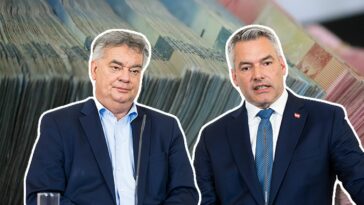 Millionärssteuer Werner Kogler und Karl Nehammer vor Geldscheinen