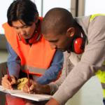 Zwei Arbeiter in einer Fabrik - durch den Sozialstaat Österreich sind sie auch bei Krankheit oder Kündigung abgesichert