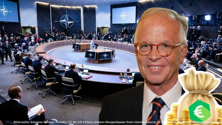 ÖVP Neutralität NATO Versammlung, davor Fasslabend mit Geldsack