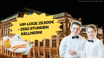 Zwei Kellner:innen vor der Wiener Staatsoper. Eine VIP-Loge beim Wiener Opernball kostet 2025 stolze 25.500€