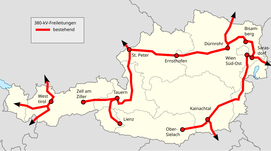Auf dem Bild ist das Höchstspannungsnetz der APG - also der 380-kV-Ring in Österreich - Stand 2025 eingezeichnet. Zu erkennen ist unter anderem eine Lücke zwischen Lienz und Obersielach.