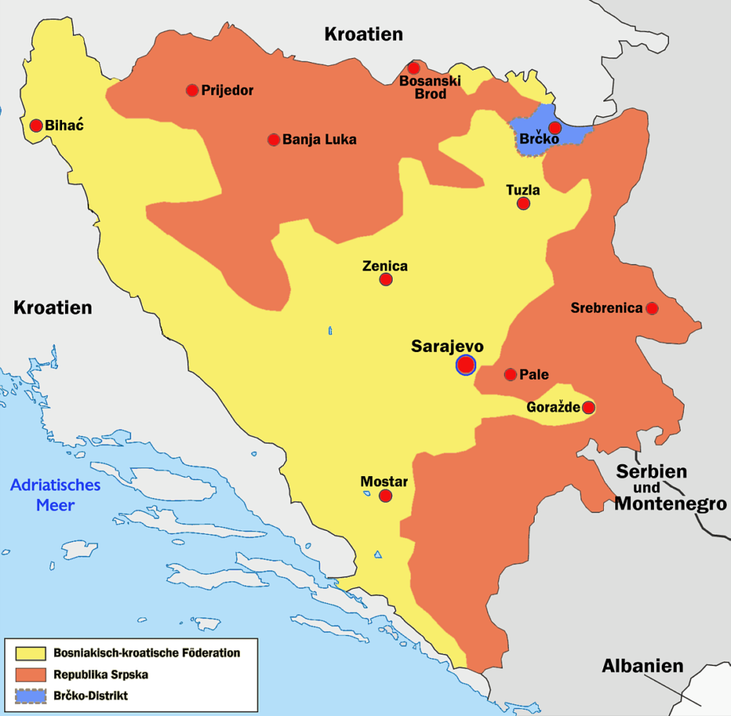 Politische Karte von Bosnien und Herzegowina mit den beiden Entitäten Föderation Bosnien und Herzegowina und Republika Srpska sowie dem Brčko-Distrikt.