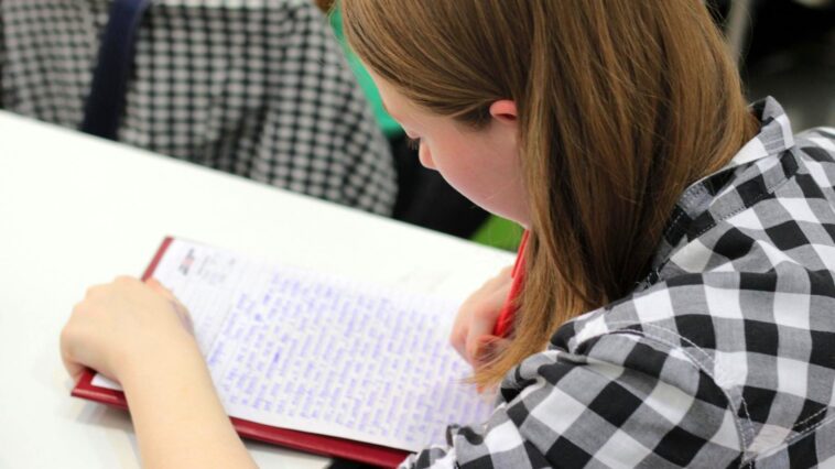 A young student writing in a notebook during a study session indoors.